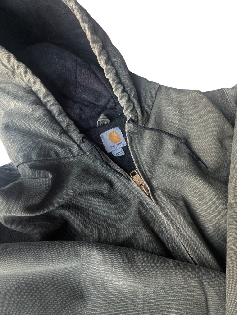 Carhartt Hooded Active Jac Army Green Distressed Workwear Jacket L